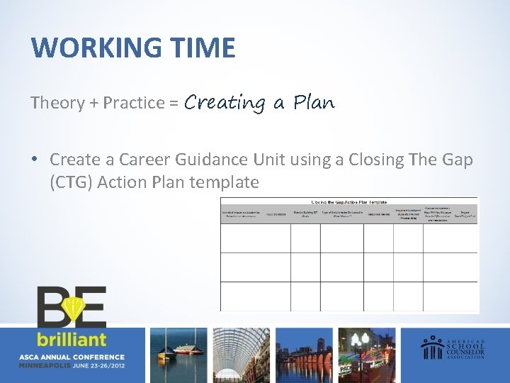 WORKING TIME Theory + Practice = Creating a Plan • Create a Career Guidance