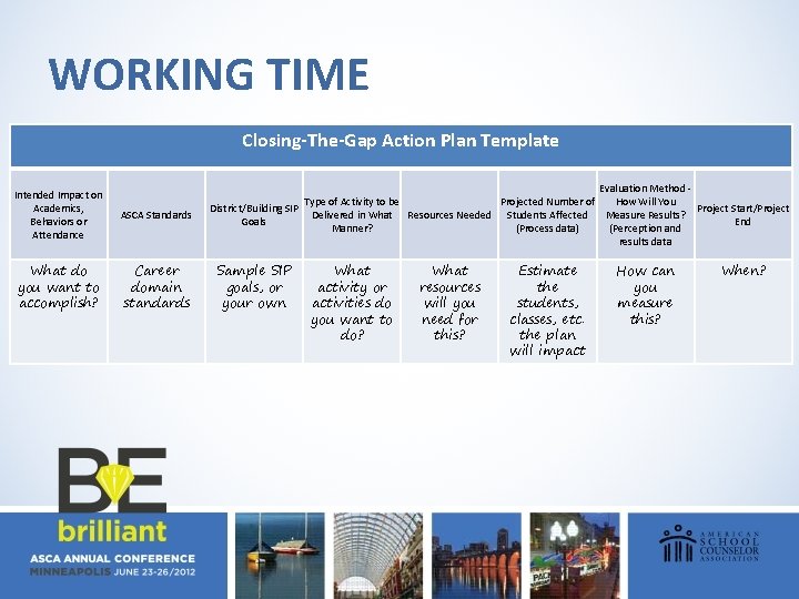 WORKING TIME Closing-The-Gap Action Plan Template Intended Impact on Academics, Behaviors or Attendance ASCA