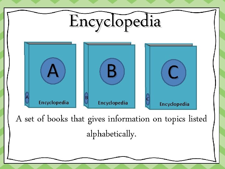 Encyclopedia A A Encyclopedia B B Encyclopedia C C Encyclopedia A set of books