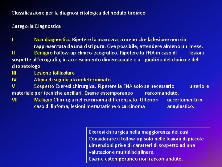 Classificazione per la diagnosi citologica del nodulo tiroideo Categoria Diagnostica I Non diagnostico Ripetere