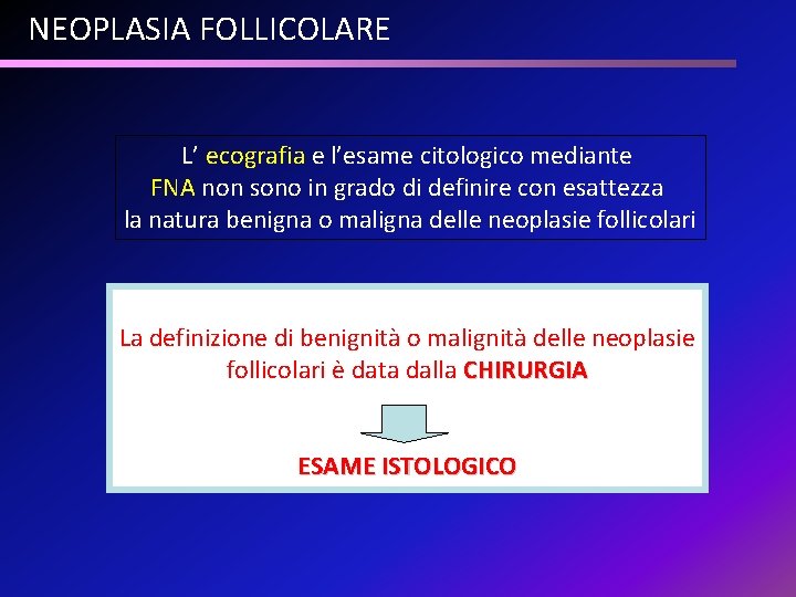 NEOPLASIA FOLLICOLARE L’ ecografia e l’esame citologico mediante FNA non sono in grado di