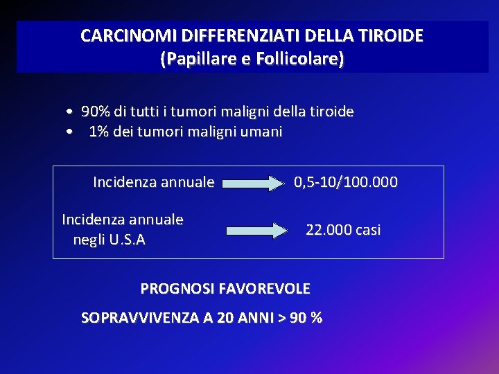 CARCINOMI DIFFERENZIATI DELLA TIROIDE (Papillare e Follicolare) • 90% di tutti i tumori maligni