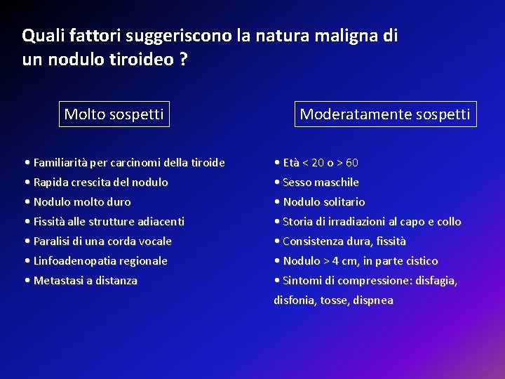Quali fattori suggeriscono la natura maligna di un nodulo tiroideo ? Molto sospetti Moderatamente