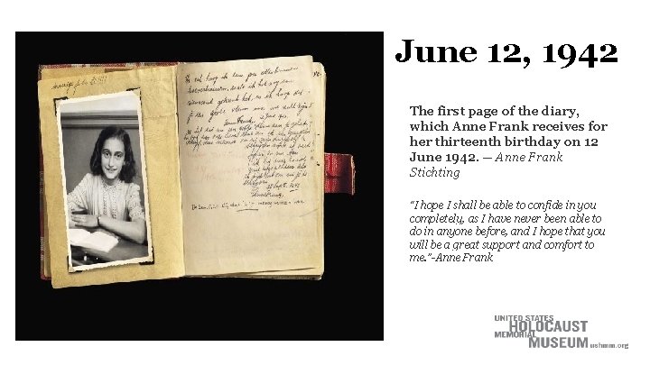 June 12, 1942 The first page of the diary, which Anne Frank receives for