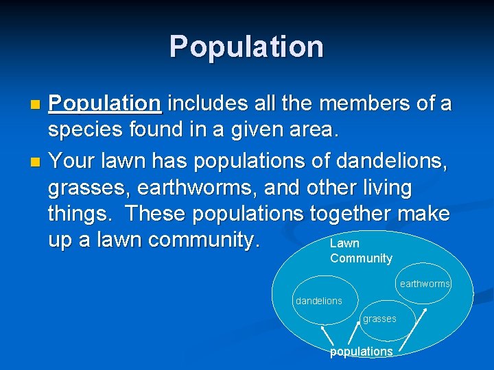 Population includes all the members of a species found in a given area. n