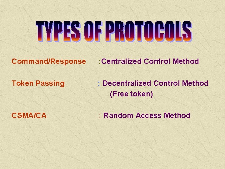  Command/Response : Centralized Control Method Token Passing : Decentralized Control Method (Free token)