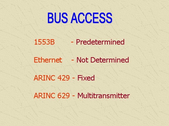 1553 B - Predetermined Ethernet - Not Determined ARINC 429 - Fixed ARINC 629