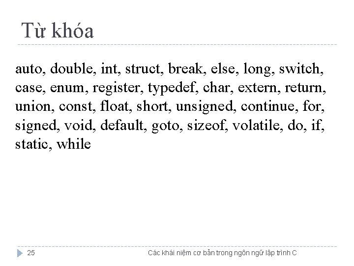 Từ khóa auto, double, int, struct, break, else, long, switch, case, enum, register, typedef,