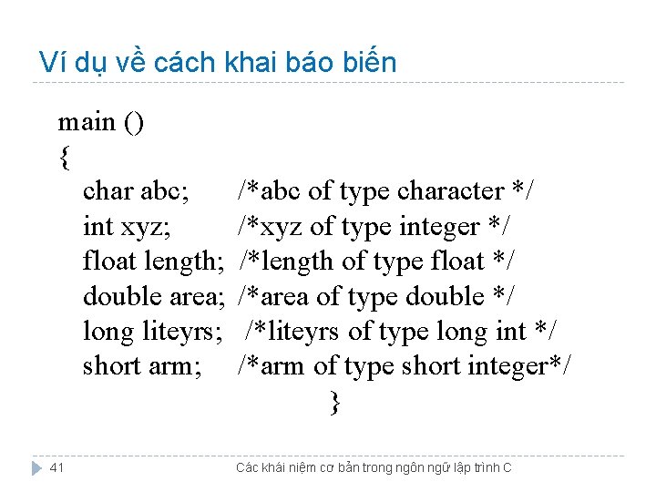 Ví dụ về cách khai báo biến main () { char abc; /*abc of Ví dụ về cách khai báo biến main () { char abc; /*abc of