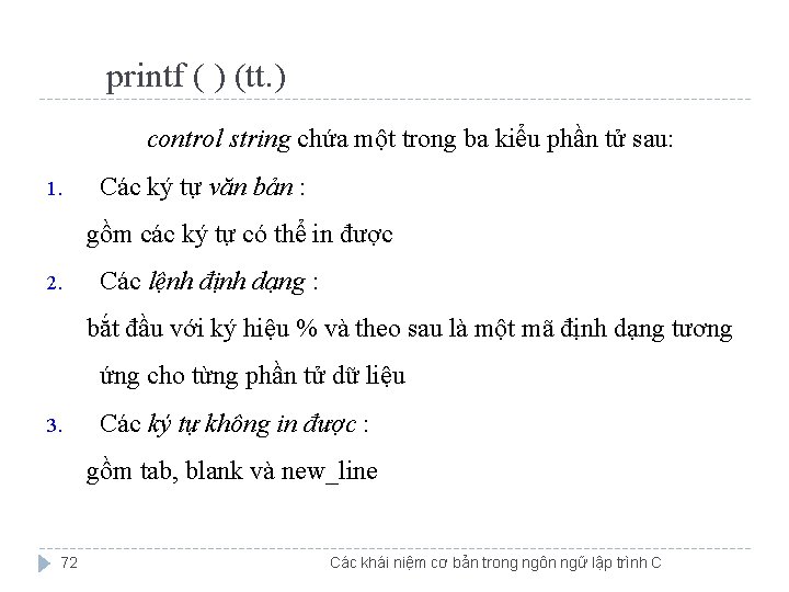 printf ( ) (tt. ) control string chứa một trong ba kiểu phần tử