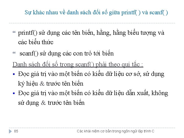 Sự khác nhau về danh sách đối số giữa printf( ) và scanf( )