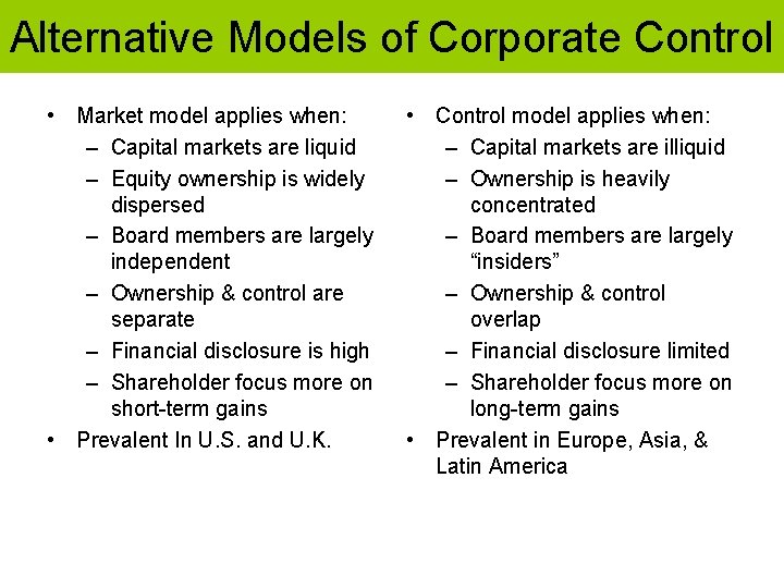 Alternative Models of Corporate Control • Market model applies when: – Capital markets are