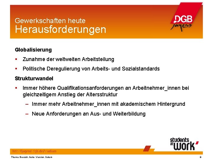 Gewerkschaften heute Herausforderungen Globalisierung § Zunahme der weltweiten Arbeitsteilung § Politische Deregulierung von Arbeits-