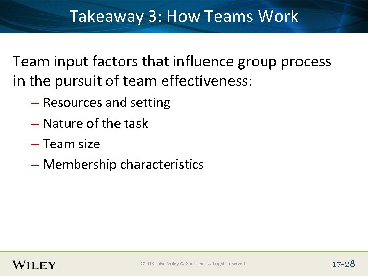 Place Slide Title Text Here Teams Work Takeaway 3: How Team input factors that