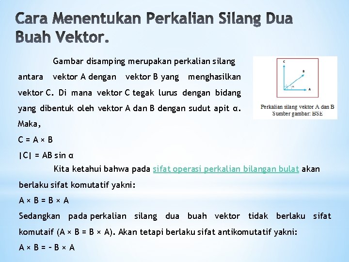 Gambar disamping merupakan perkalian silang antara vektor A dengan vektor B yang menghasilkan vektor