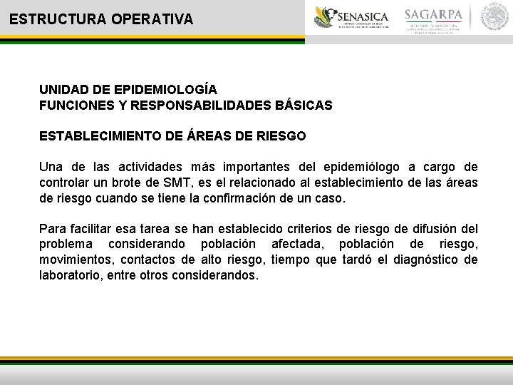 ESTRUCTURA OPERATIVA UNIDAD DE EPIDEMIOLOGÍA FUNCIONES Y RESPONSABILIDADES BÁSICAS ESTABLECIMIENTO DE ÁREAS DE RIESGO