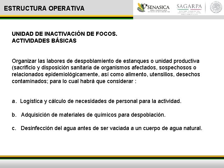 ESTRUCTURA OPERATIVA UNIDAD DE INACTIVACIÓN DE FOCOS. ACTIVIDADES BÁSICAS Organizar las labores de despoblamiento