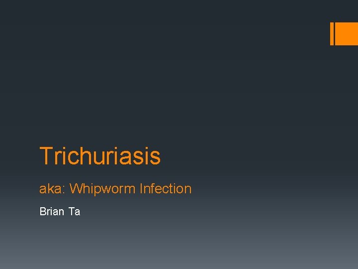 Trichuriasis aka: Whipworm Infection Brian Ta 