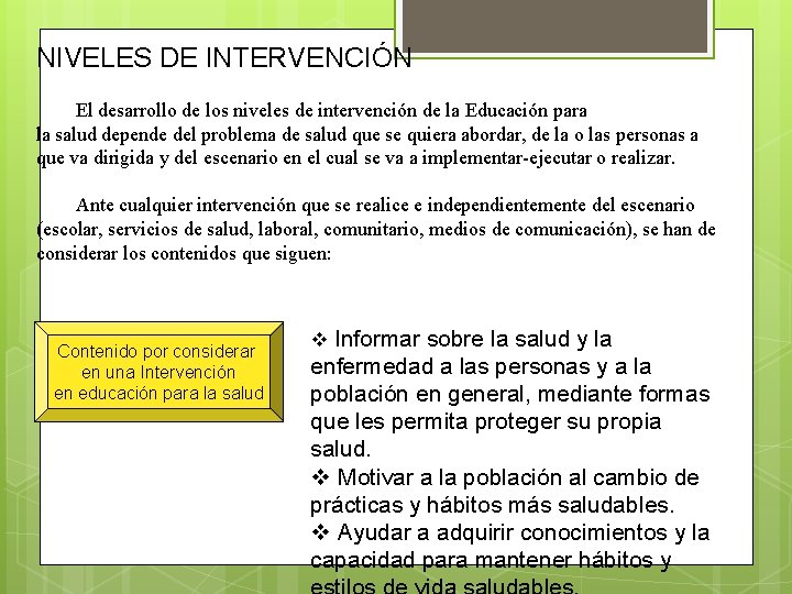 NIVELES DE INTERVENCIÓN El desarrollo de los niveles de intervención de la Educación para