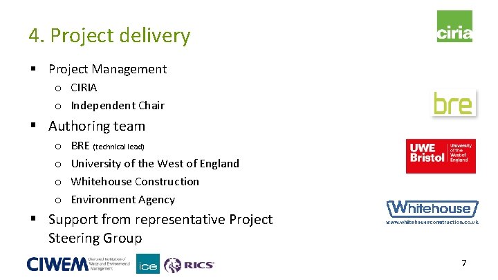 4. Project delivery § Project Management o CIRIA o Independent Chair § Authoring team 4. Project delivery § Project Management o CIRIA o Independent Chair § Authoring team