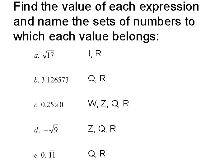 Find the value of each expression and name the sets of numbers to which