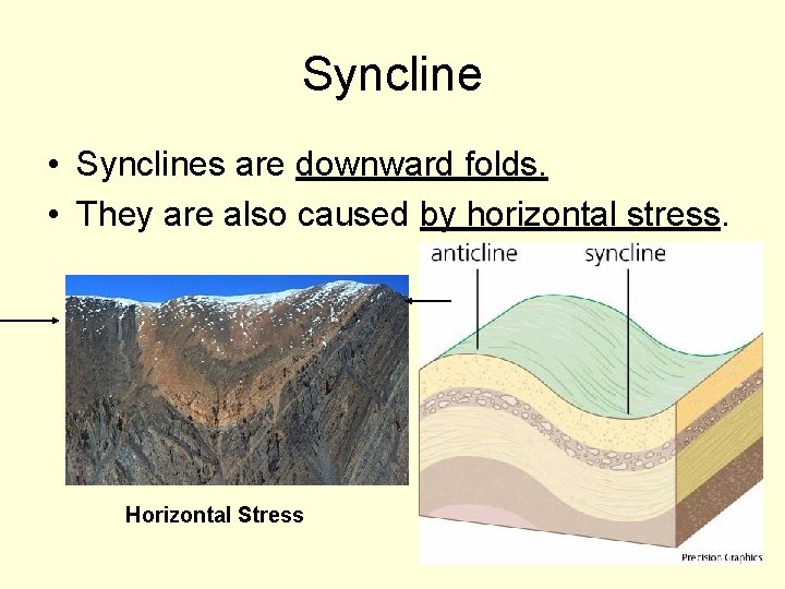 Syncline • Synclines are downward folds. • They are also caused by horizontal stress. Syncline • Synclines are downward folds. • They are also caused by horizontal stress.