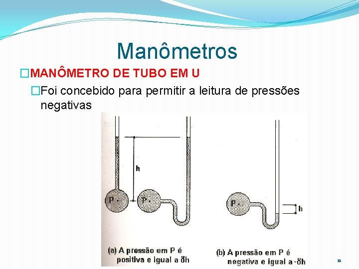 Manômetros �MANÔMETRO DE TUBO EM U �Foi concebido para permitir a leitura de pressões