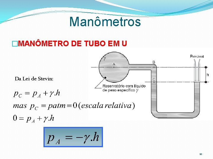 Manômetros �MANÔMETRO DE TUBO EM U Da Lei de Stevin: 12 