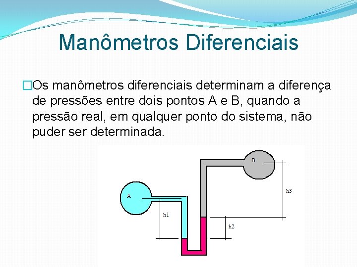 Manômetros Diferenciais �Os manômetros diferenciais determinam a diferença de pressões entre dois pontos A