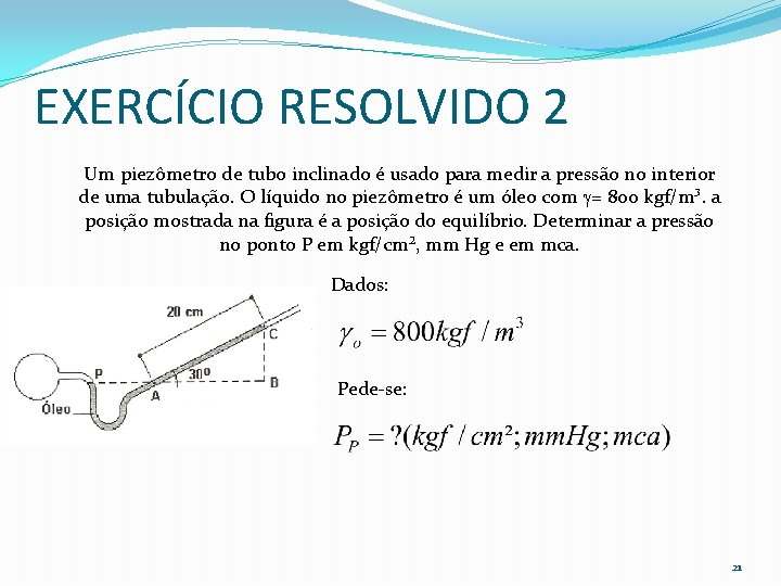 EXERCÍCIO RESOLVIDO 2 Um piezômetro de tubo inclinado é usado para medir a pressão