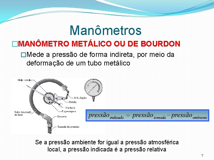 Manômetros �MANÔMETRO METÁLICO OU DE BOURDON �Mede a pressão de forma indireta, por meio