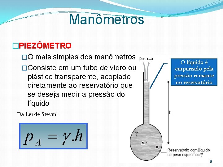 Manômetros �PIEZÔMETRO �O mais simples dos manômetros �Consiste em um tubo de vidro ou