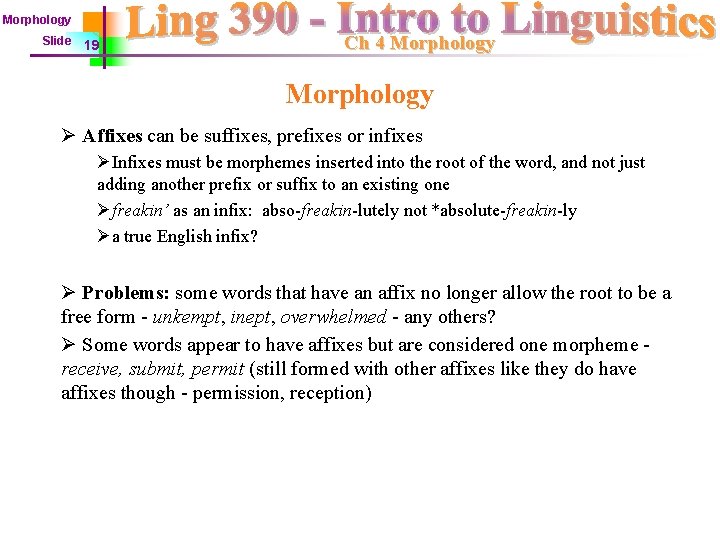 Morphology Slide 19 Ch 4 Morphology Ø Affixes can be suffixes, prefixes or infixes