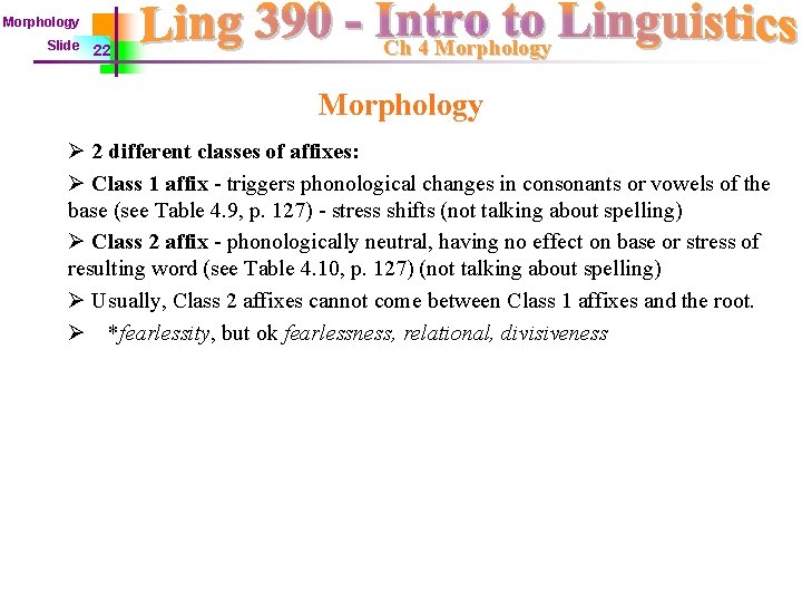 Morphology Slide 22 Ch 4 Morphology Ø 2 different classes of affixes: Ø Class