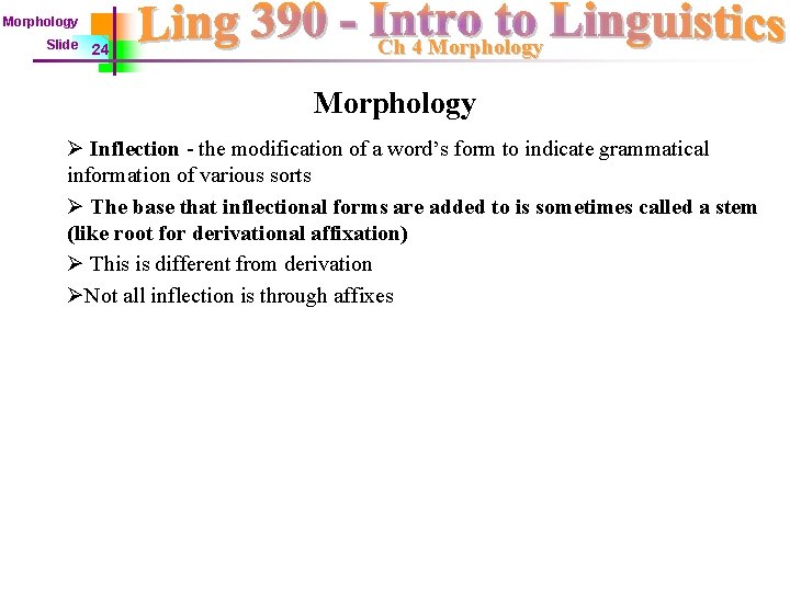 Morphology Slide 24 Ch 4 Morphology Ø Inflection - the modification of a word’s