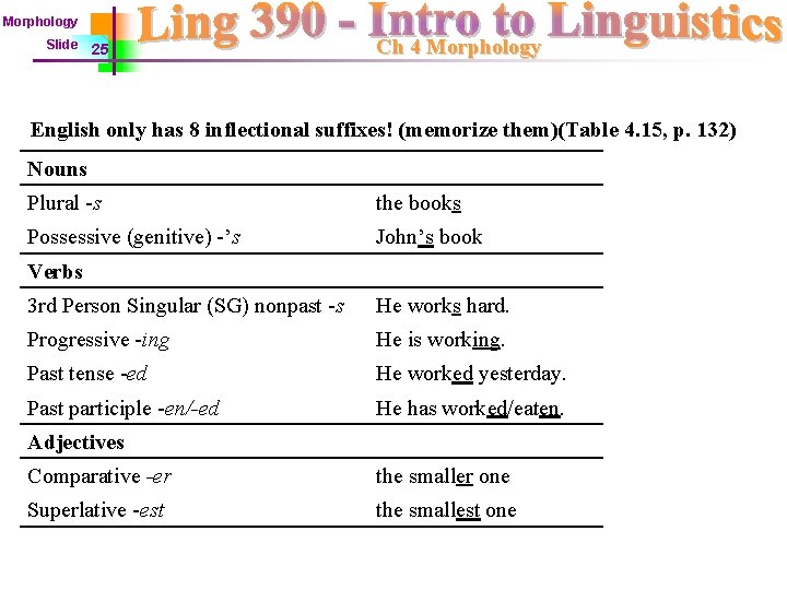 Morphology Slide 25 Ch 4 Morphology English only has 8 inflectional suffixes! (memorize them)(Table