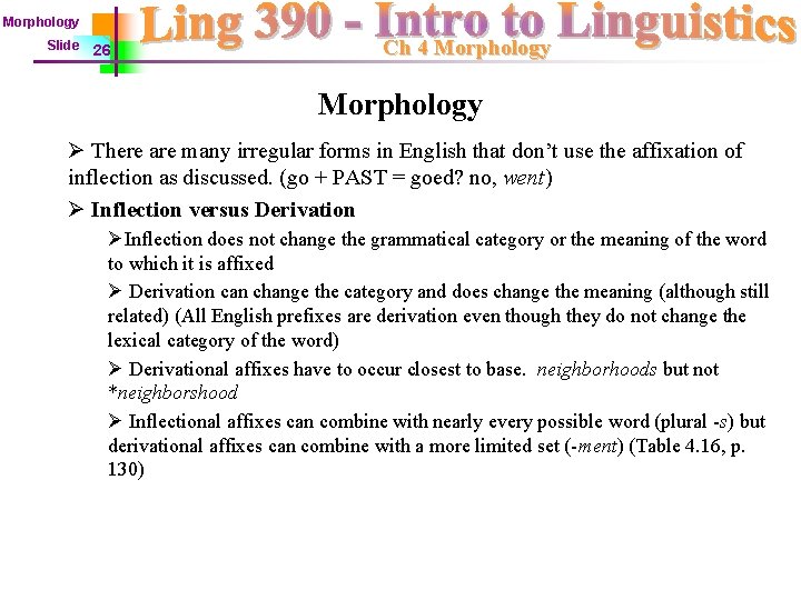 Morphology Slide 26 Ch 4 Morphology Ø There are many irregular forms in English