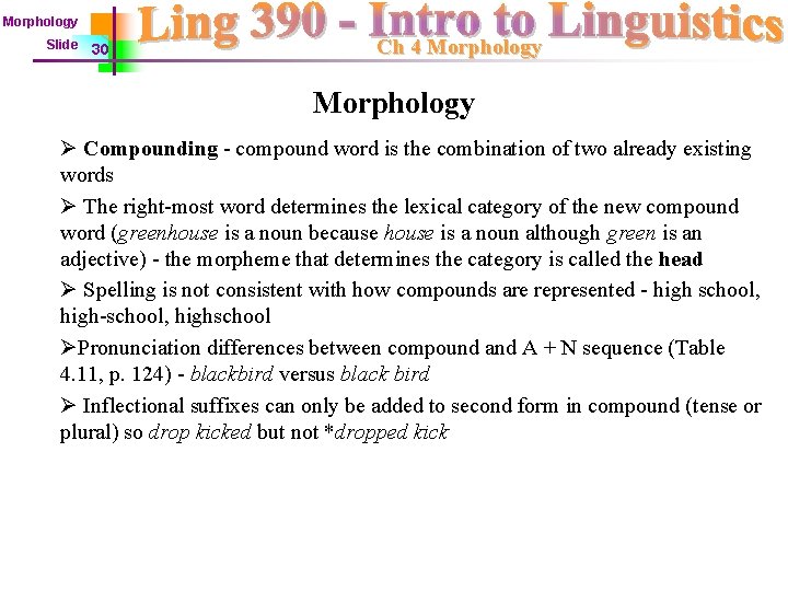 Morphology Slide 30 Ch 4 Morphology Ø Compounding - compound word is the combination