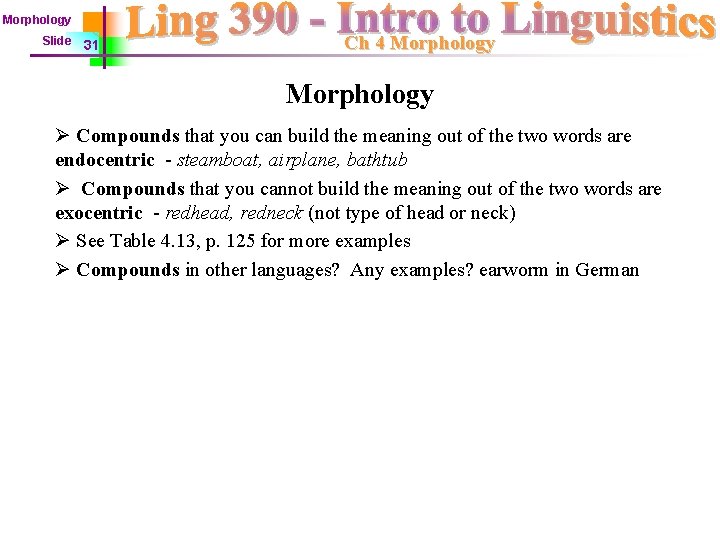 Morphology Slide 31 Ch 4 Morphology Ø Compounds that you can build the meaning