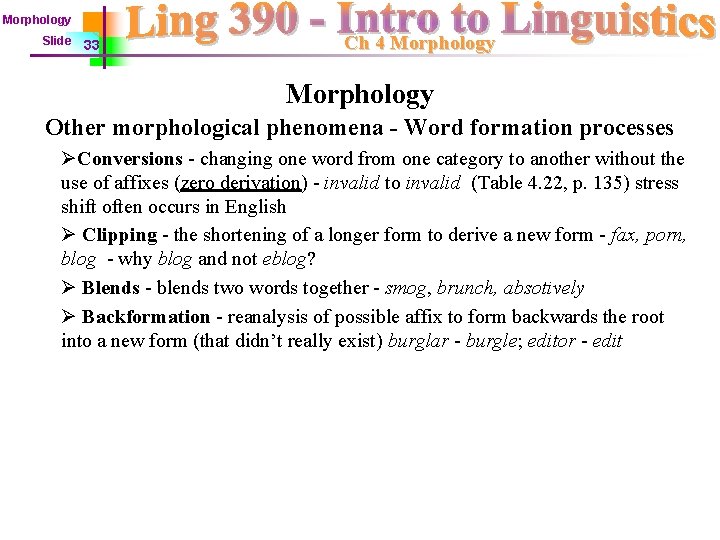 Morphology Slide 33 Ch 4 Morphology Other morphological phenomena - Word formation processes ØConversions