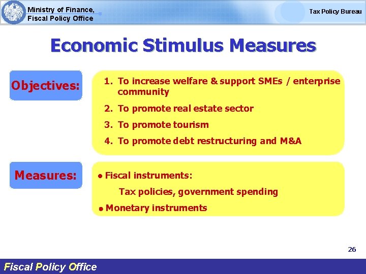 Ministry of Finance, Fiscal Policy Office Tax Policy Bureau Economic Stimulus Measures 1. To