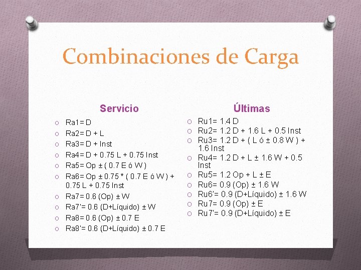 Combinaciones de Carga Servicio O Ra 1= D O Ra 2= D + L