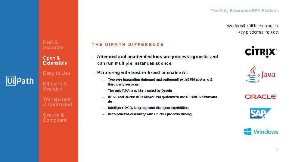 The Only Enterprise RPA Platform Works with all technologies. Key platforms include: Fast & The Only Enterprise RPA Platform Works with all technologies. Key platforms include: Fast &
