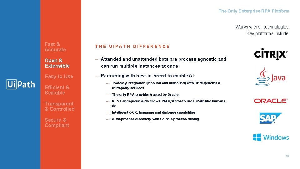 The Only Enterprise RPA Platform Works with all technologies. Key platforms include: Fast &