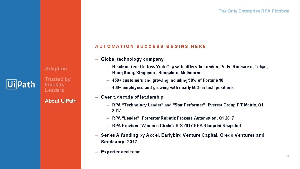 The Only Enterprise RPA Platform AUTOMATION SUCCESS BEGINS HERE – Global technology company Adoption The Only Enterprise RPA Platform AUTOMATION SUCCESS BEGINS HERE – Global technology company Adoption