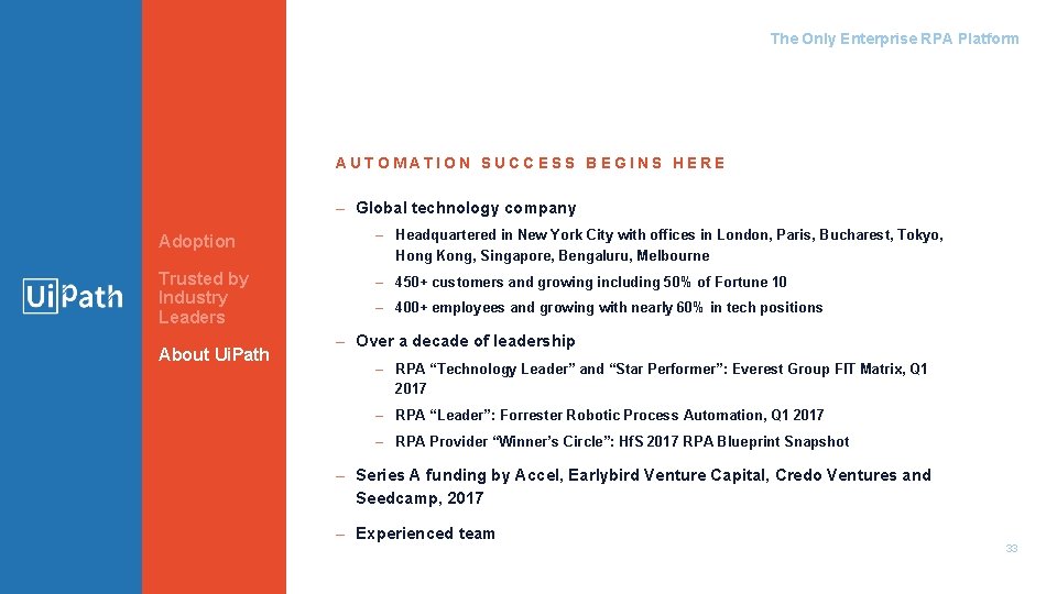 The Only Enterprise RPA Platform AUTOMATION SUCCESS BEGINS HERE – Global technology company Adoption