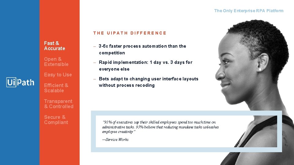 The Only Enterprise RPA Platform THE UIPATH DIFFERENCE Fast & Accurate Open & Extensible The Only Enterprise RPA Platform THE UIPATH DIFFERENCE Fast & Accurate Open & Extensible
