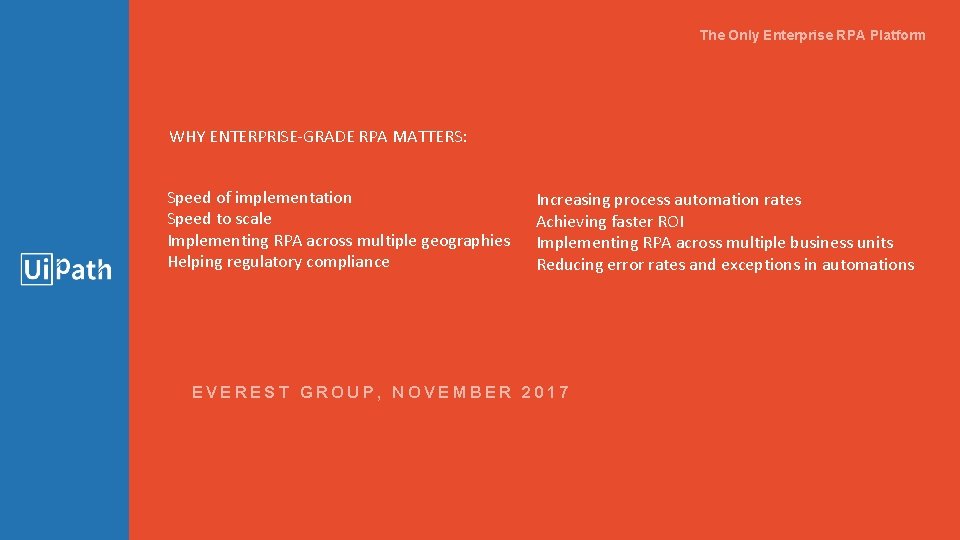 The Only Enterprise RPA Platform WHY ENTERPRISE-GRADE RPA MATTERS: Speed of implementation Speed to The Only Enterprise RPA Platform WHY ENTERPRISE-GRADE RPA MATTERS: Speed of implementation Speed to