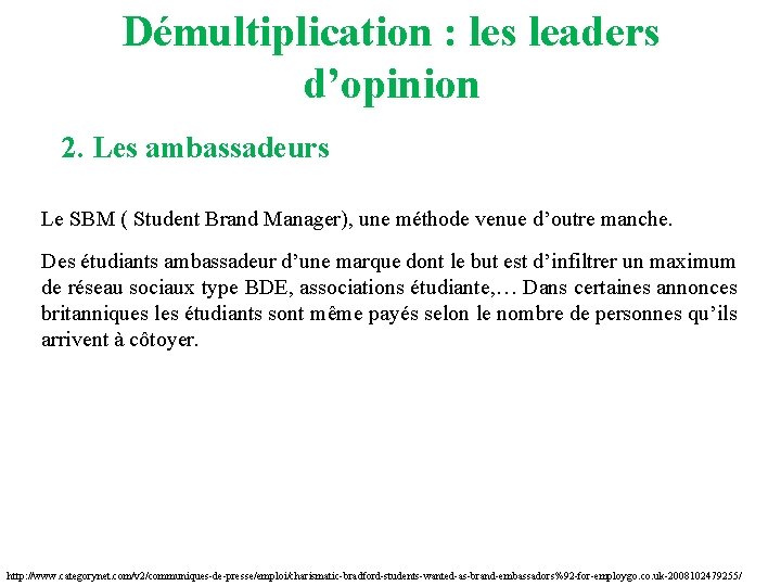 Démultiplication : les leaders d’opinion 2. Les ambassadeurs Le SBM ( Student Brand Manager),