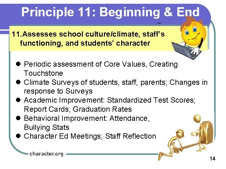 Principle 11: Beginning & End 14 11. Assesses school culture/climate, staff’s functioning, and Principle 11: Beginning & End 14 11. Assesses school culture/climate, staff’s functioning, and